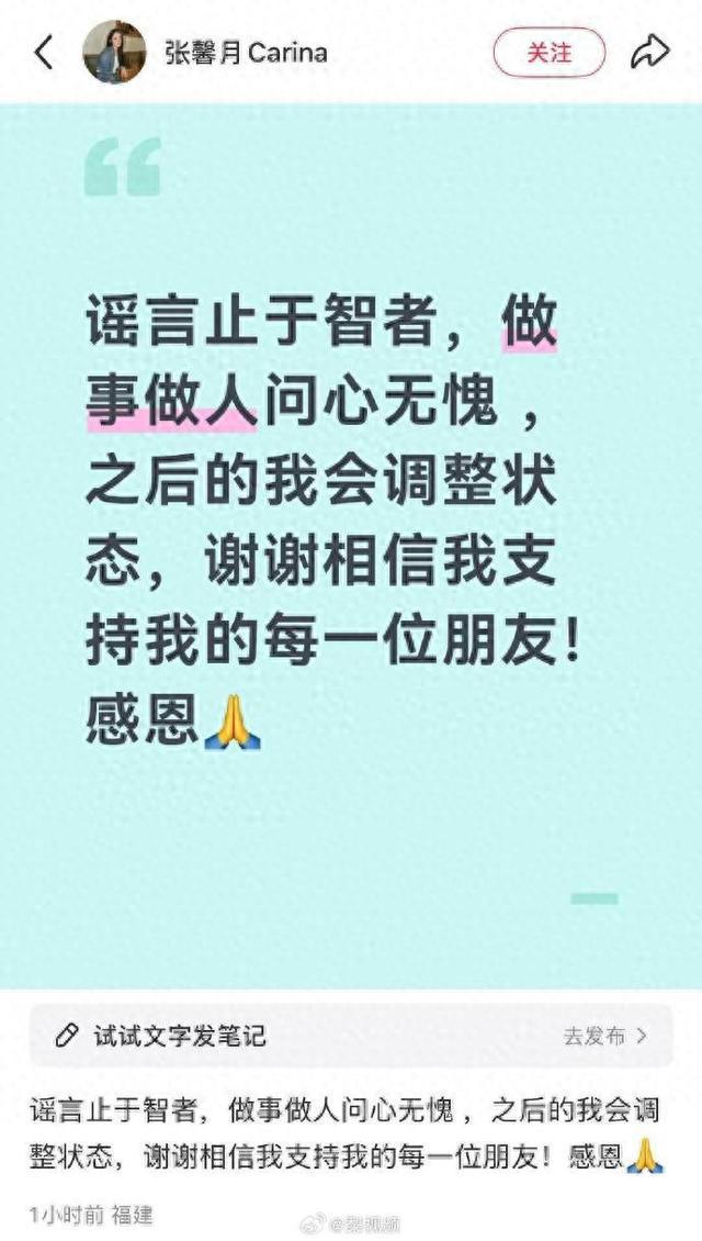 曾因“检查保姆行李”引争议林峯妻子张馨月发文：谣言止于智者做事做人问心无愧(图1)